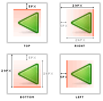 Four images of the Winstripe 0.1 Back icon, each with calculated values of its offset from top, right, bottom and left edges