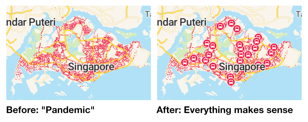Before: tiny red dots on the map look "pandemic". After: bus icons on the map, everything makes sense