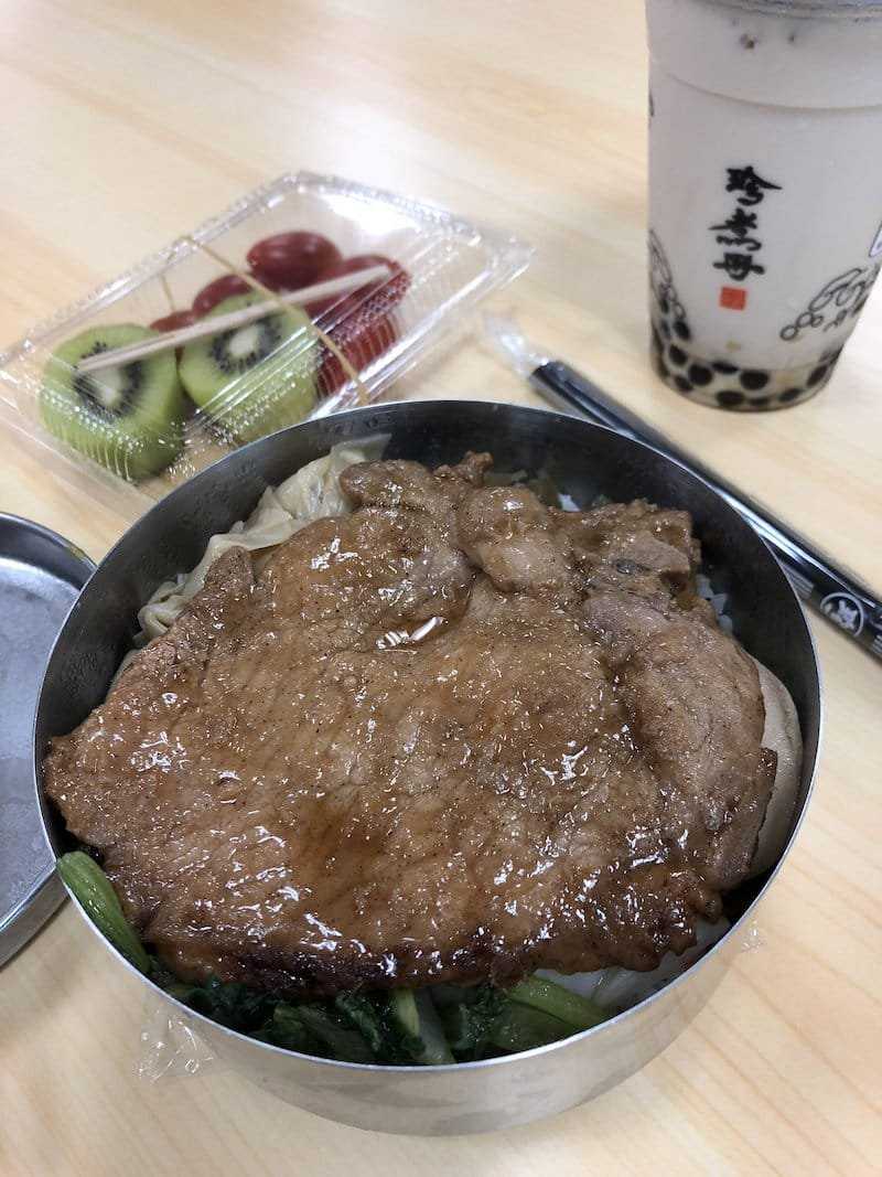 Pork chop rice, fruits and bubble tea served at Ruby X Elixir Conference