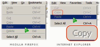 two menu popups, one showing the non-shadowed disabled menu items in Mozilla Firefox, the other showing shadowed disabled menu items in Internet Explorer