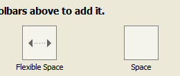 enhanced 'Flexible Space' and 'Space' toolbar palette items, with a double-headed arrow and light backgrounds, on the Customize window