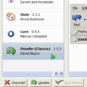 list of installed themes (Qute, Lure and Doodle) displayed on Mozilla Firefox 0.9's Themes manager window