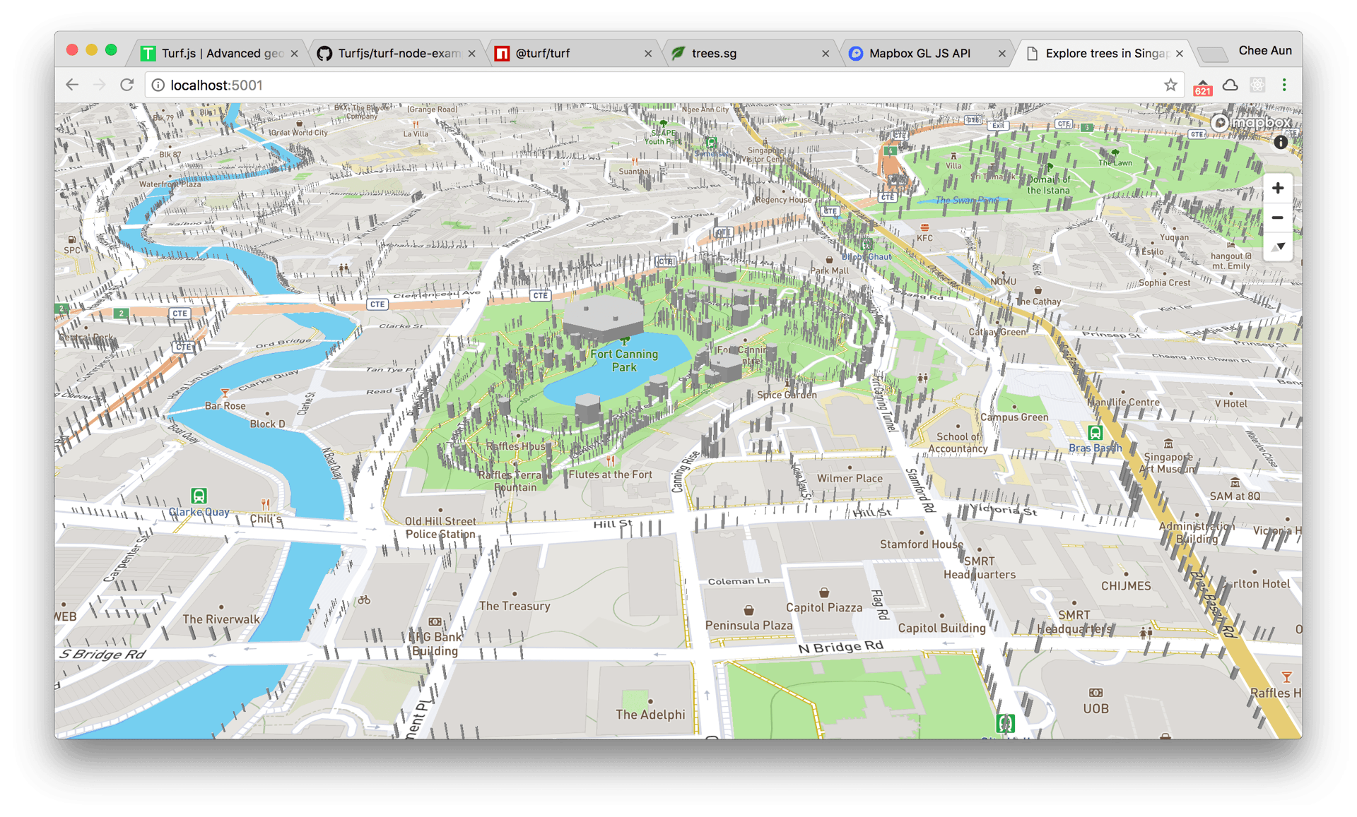3D trees rendered based on girth and height, on a map, in Singapore