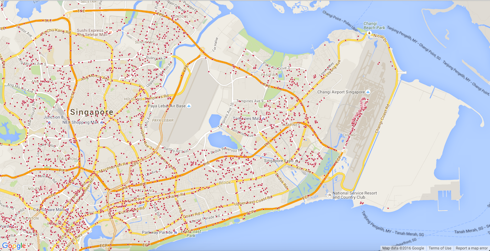 Available taxi location markers plotted on a map in Singapore