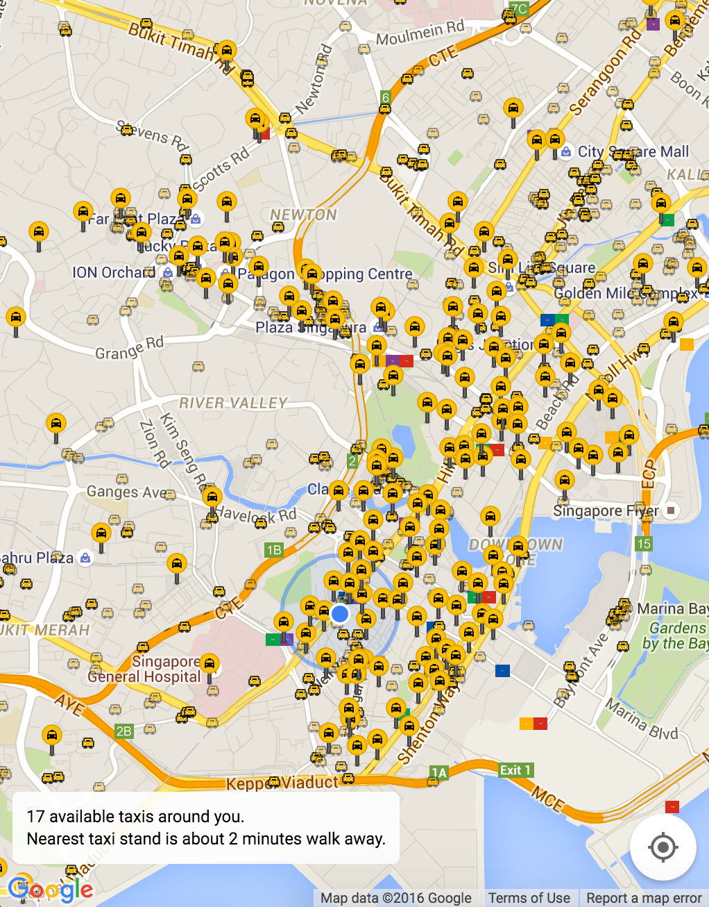 Available taxi locations and taxi stands plotted on a map in Singapore