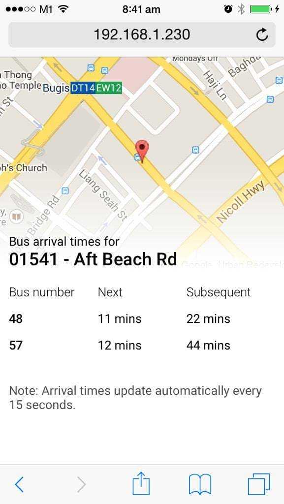 Bus arrival timing for Aft Beach Road stop, on Mobile Safari