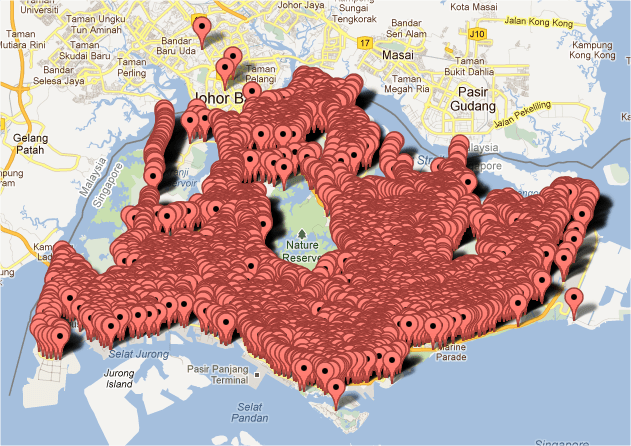 All bus stops shown on Google Maps, in Singapore