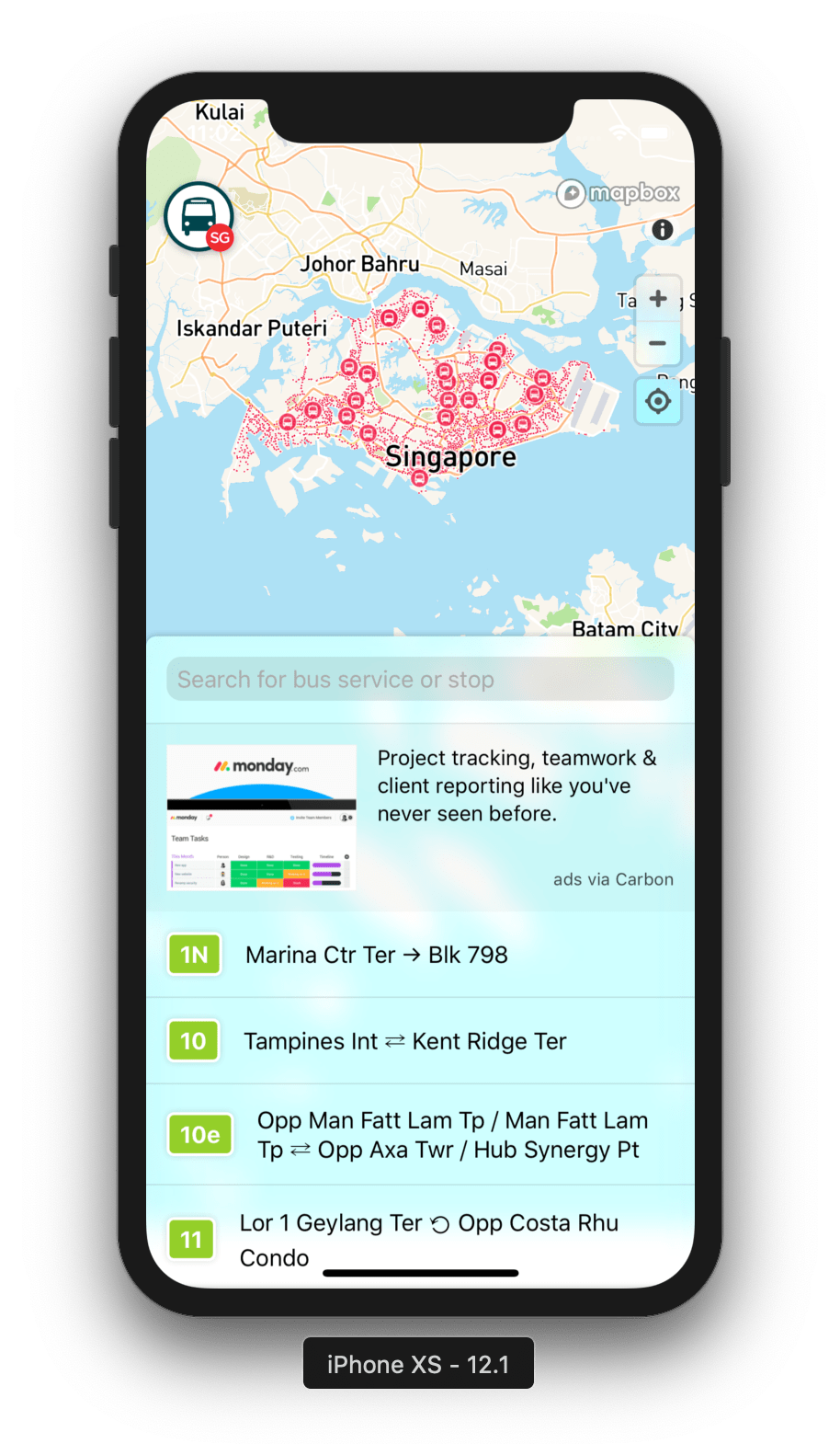 BusRouter SG 'home' view on iPhone XS simulator