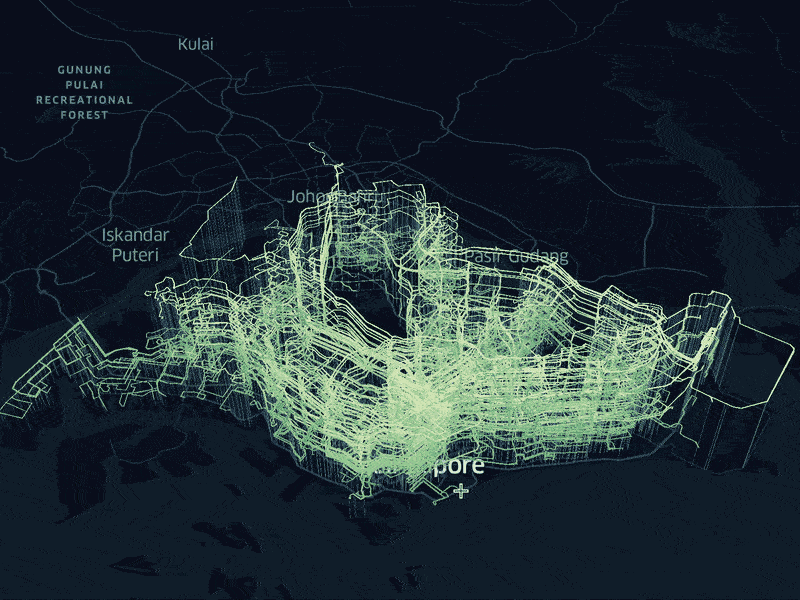 BusRouter SG new visualization, showing interactive features when hovering over route lines and stops