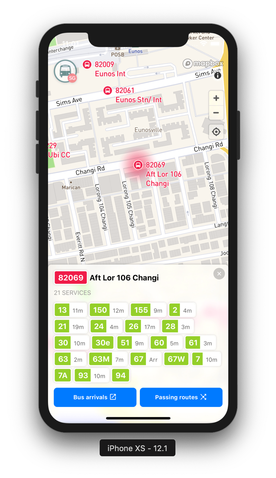 BusRouter SG 'stop' view on iPhone XS Simulator