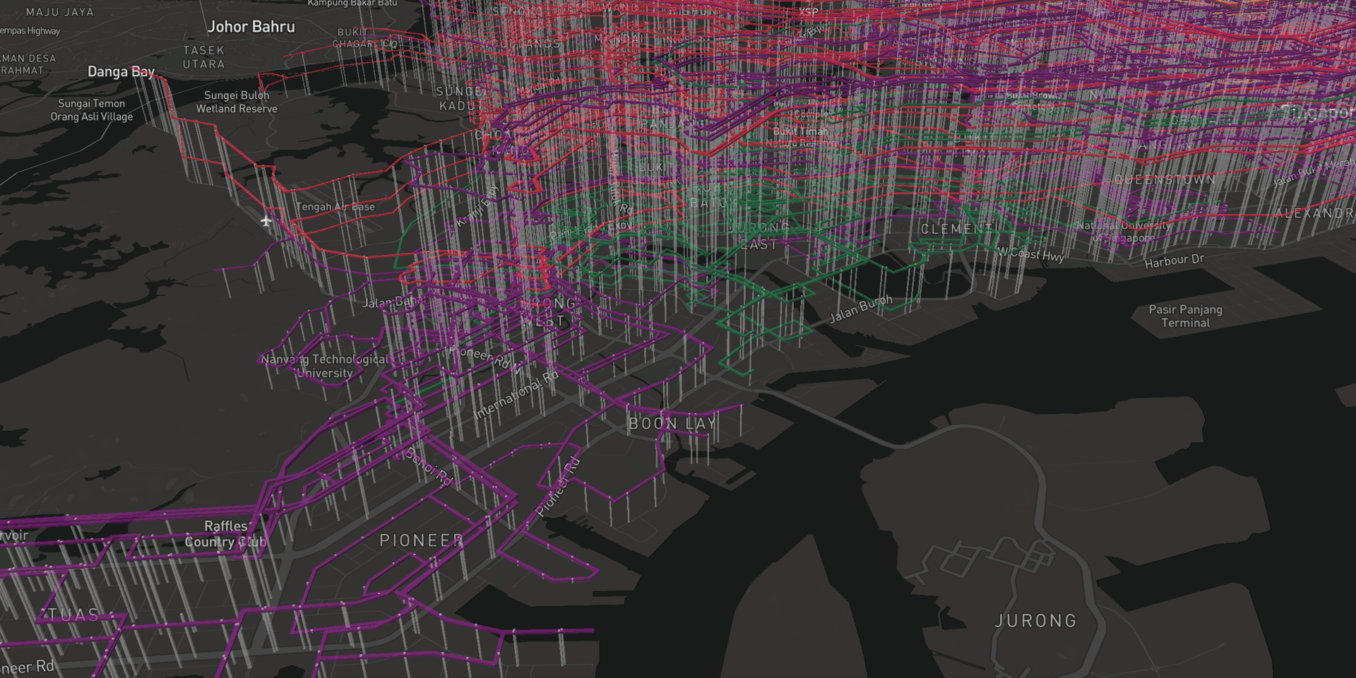 BusRouter SG visualization, showing routes and stops in West Singapore