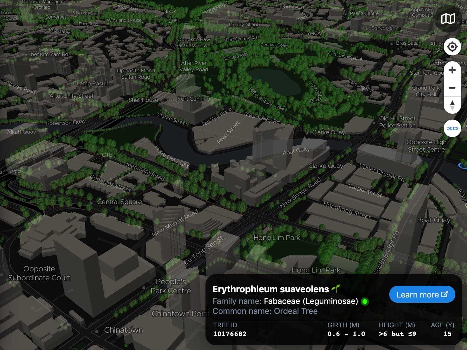ExploreTrees.SG 3D realistic trees, zoomed out with surrounding 3D buildings
