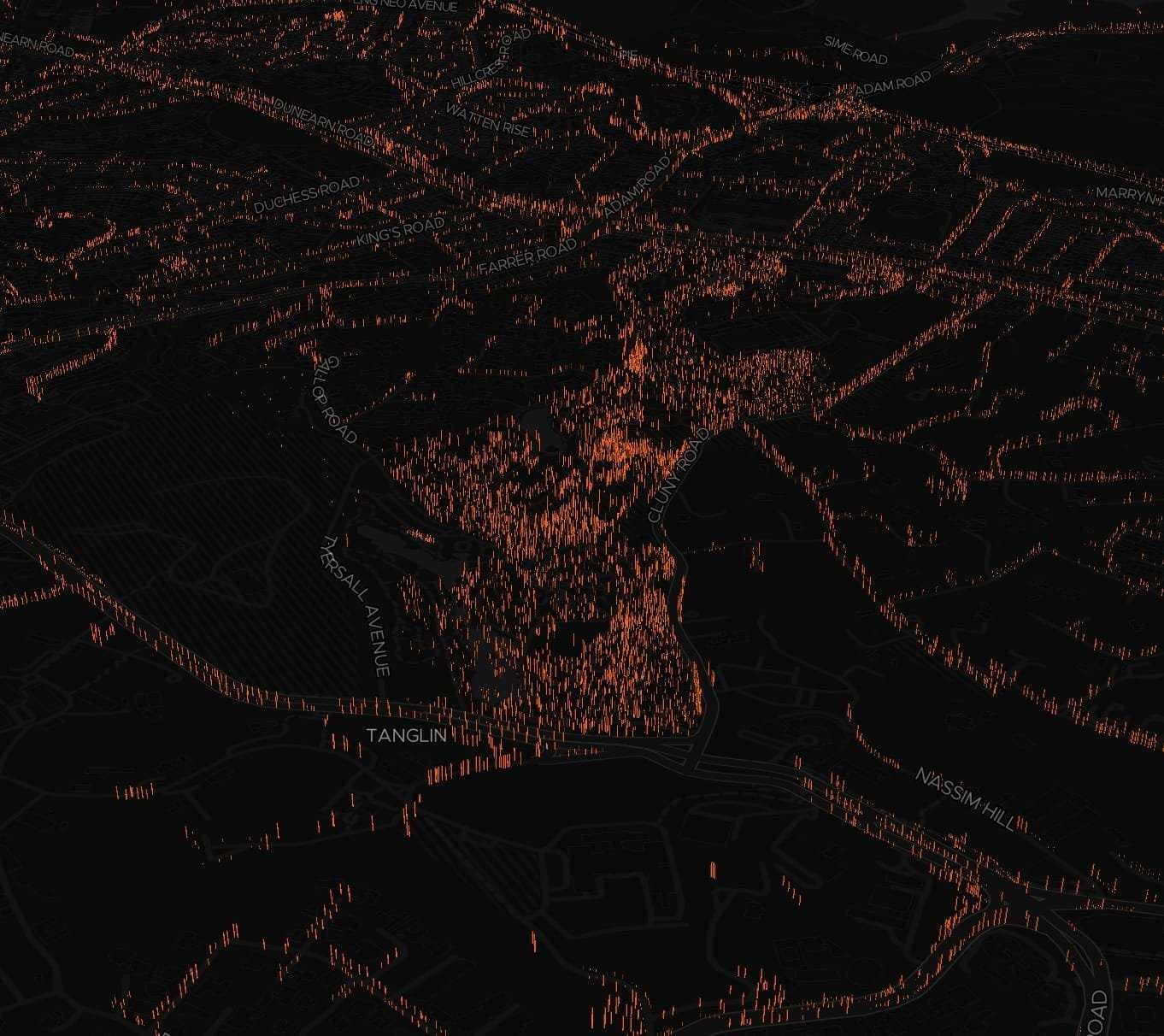 ExploreTrees.SG showing 3D tree trunks, further zoomed-in