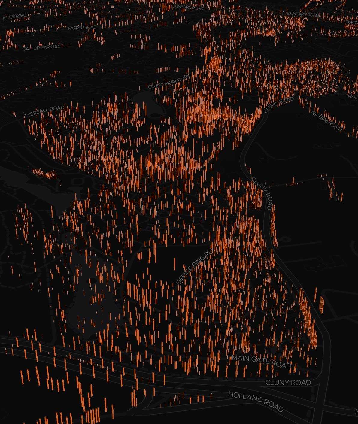 ExploreTrees.SG showing 3D tree trunks, much further zoomed-in