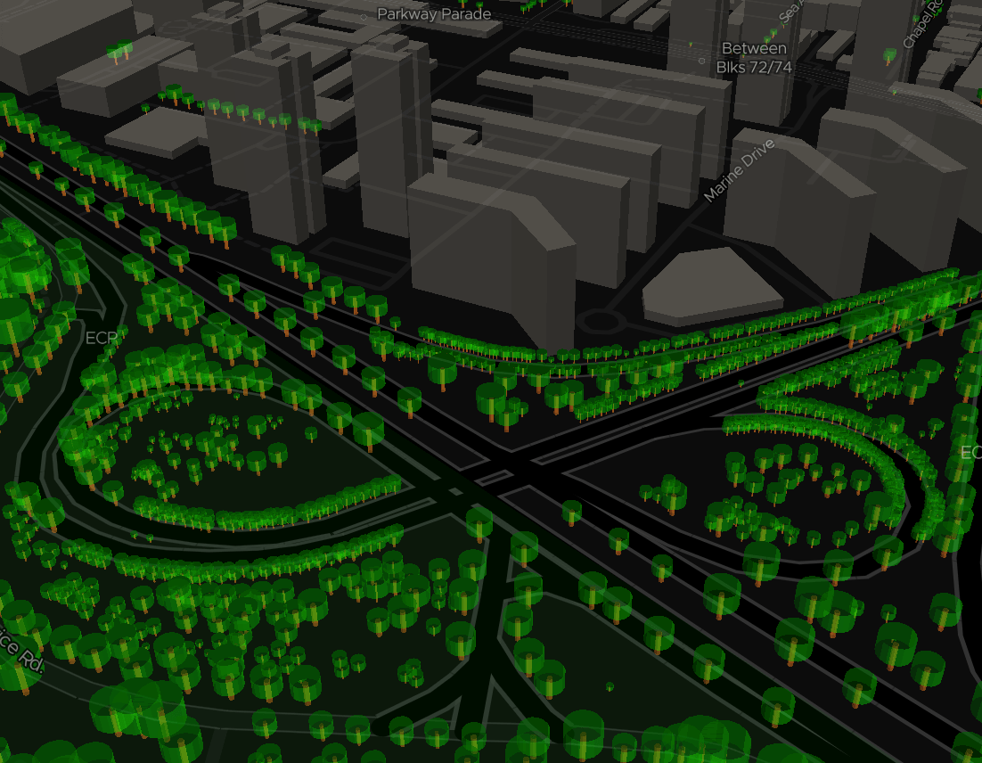 ExploreTrees.SG faux 3D trees — tree formations in context with surrounding 3D buildings