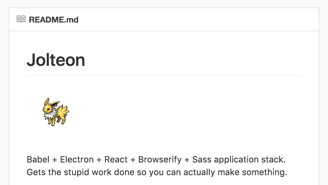 README file of Jolteon repository on GitHub, showing the name, the Jolteon Pokémon image and description