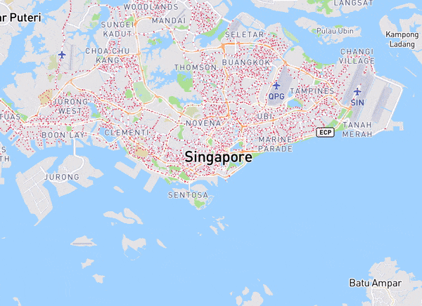 Next-gen BusRouter SG, first experiment, showing all stops on the map