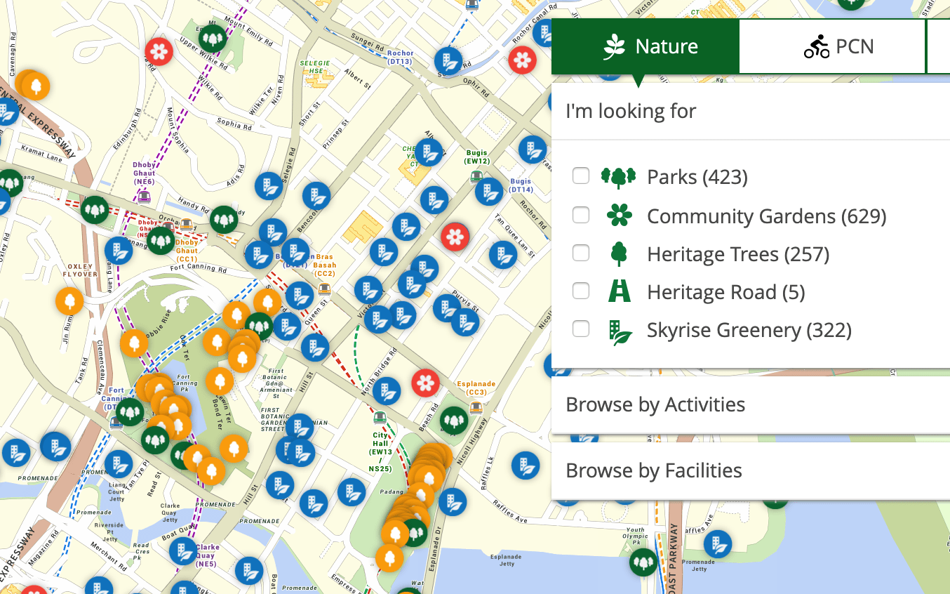 NParks site showing parks, community gardens, heritage trees, heritage road and skyrise greenery