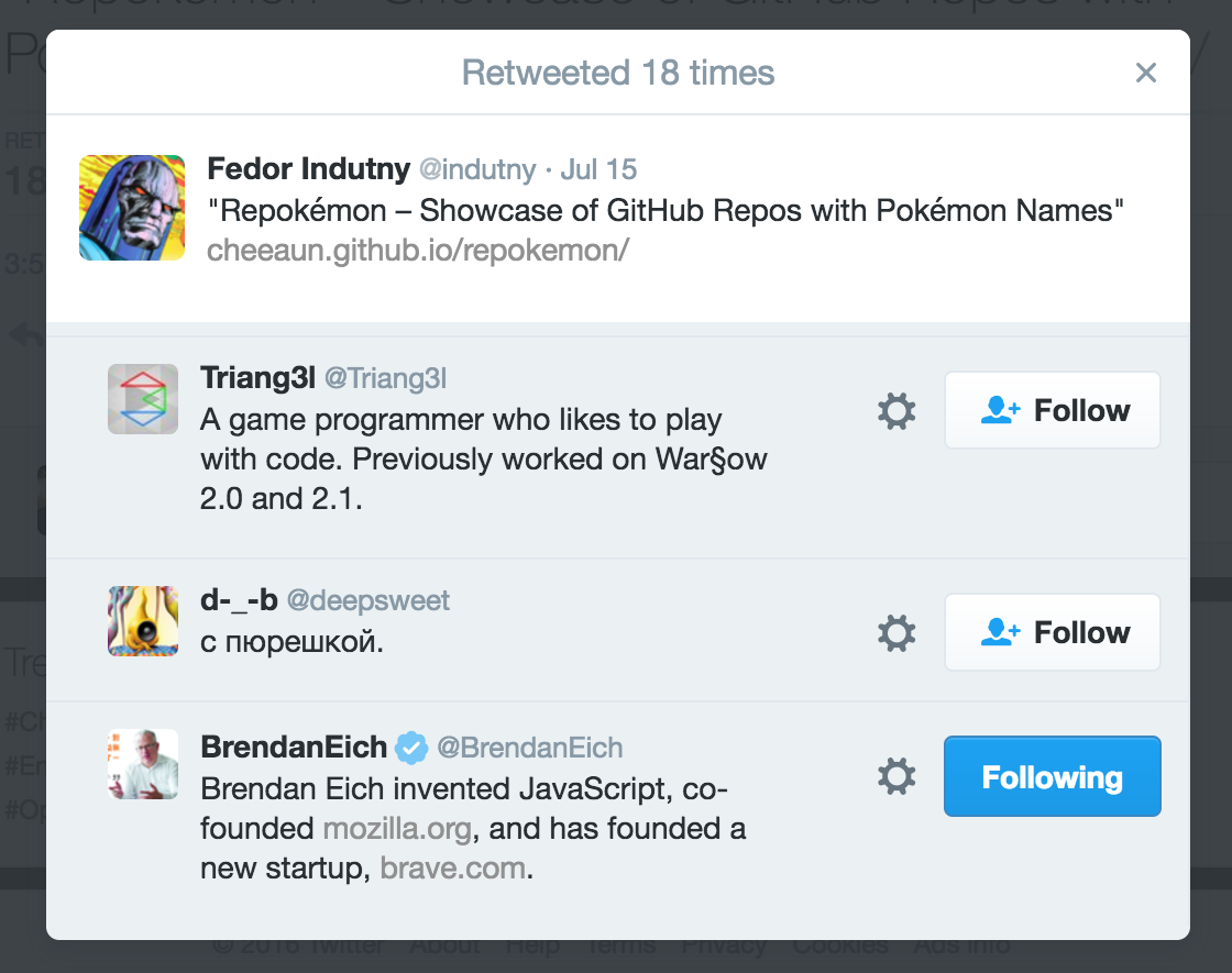 Repokémon retweeted by Brendan Eich