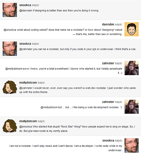 Read the conversations from bottom to top. Twitter conversations between @snookca and others